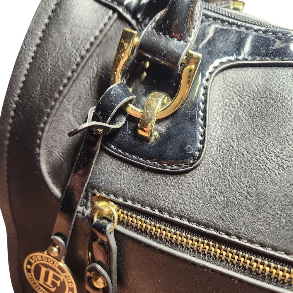London Fog Handbag Large Tote Faux Vegan Leather Black Cream Gold Classic Preppy